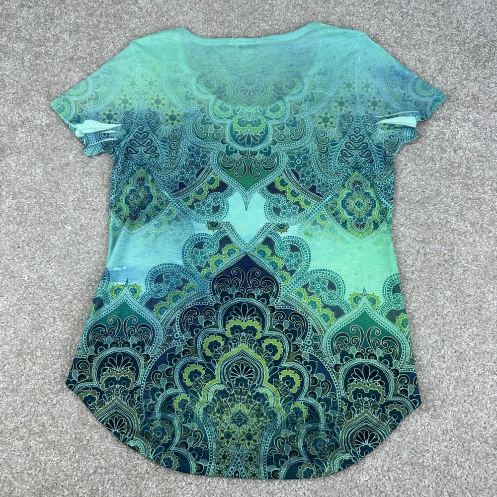 World Unity Paisley Mandala Ombre Rhinestone Boho Cutout Top Green Medium M - Picture 7 of 7